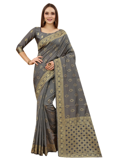 

MOKSHA DESIGNS Grey & Gold-Toned Woven Design Zari Pure Silk Kanjeevaram Saree