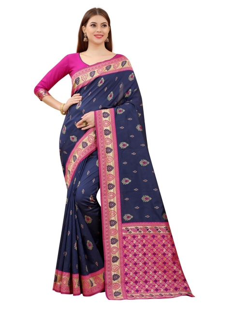 

MOKSHA DESIGNS Blue & Pink Woven Design Zari Pure Silk Kanjeevaram Saree