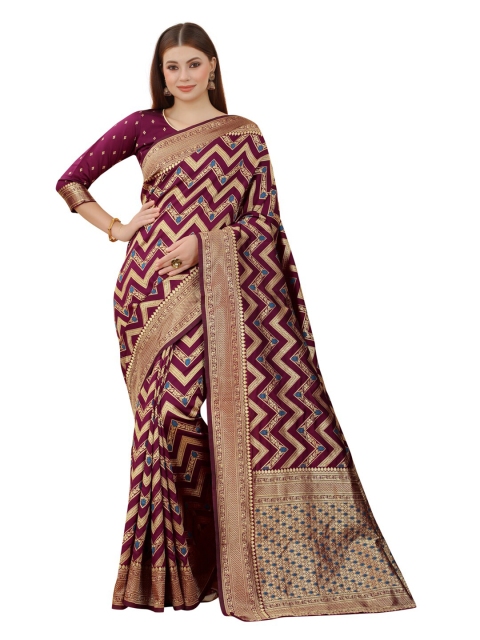 

MOKSHA DESIGNS Burgundy & Gold-Toned Zari Pure Silk Kanjeevaram Saree