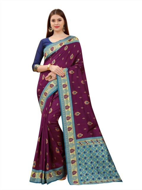 

MOKSHA DESIGNS Purple & Blue Ethnic Motifs Zari Pure Silk Kanjeevaram Saree