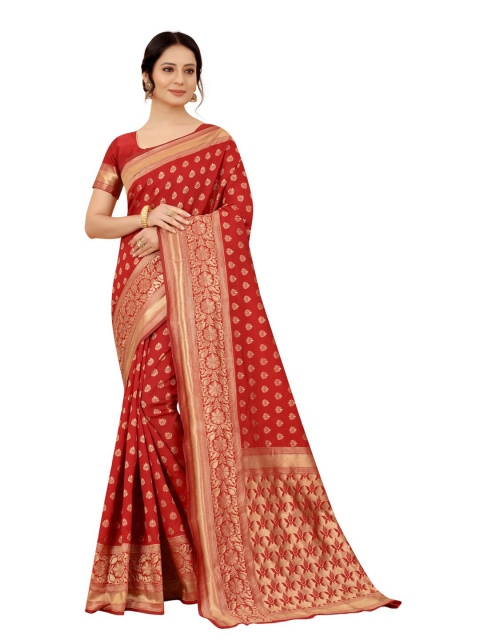 

MOKSHA DESIGNS Red & Gold-Toned Woven Design Zari Pure Silk Kanjeevaram Saree