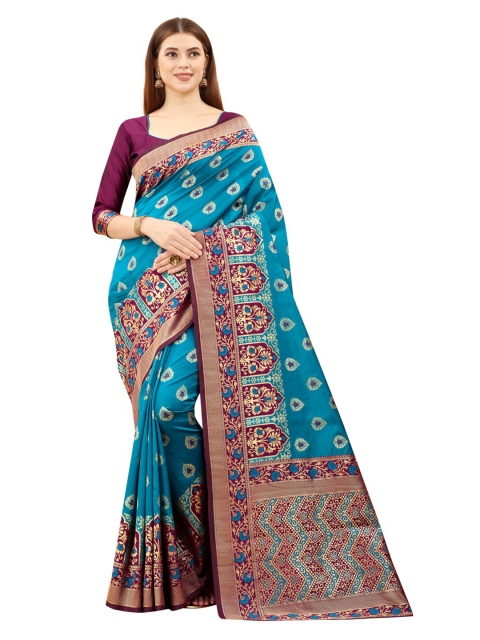 

MOKSHA DESIGNS Blue & Gold-Toned Woven Design Zari Pure Silk Kanjeevaram Saree