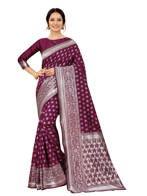

MOKSHA DESIGNS Purple & Silver-Toned Woven Design Zari Pure Silk Kanjeevaram Saree