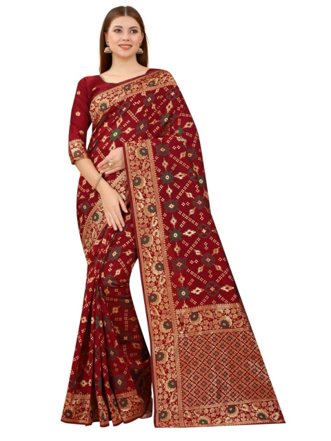

MOKSHA DESIGNS Maroon & Gold-Toned Ethnic Motifs Zari Pure Silk Kanjeevaram Saree