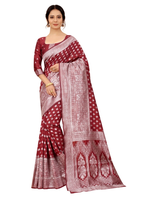 

MOKSHA DESIGNS Maroon & Silver-Toned Woven Design Zari Pure Silk Kanjeevaram Saree