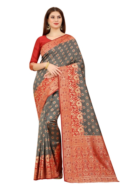 

MOKSHA DESIGNS Grey & Red Ethnic Motifs Zari Pure Silk Kanjeevaram Saree
