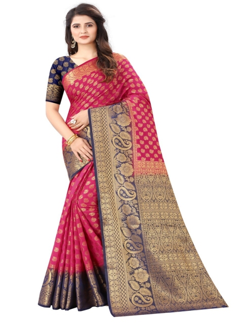 

MOKSHA DESIGNS Magenta & Gold-Toned Woven Design Zari Pure Silk Kanjeevaram Saree
