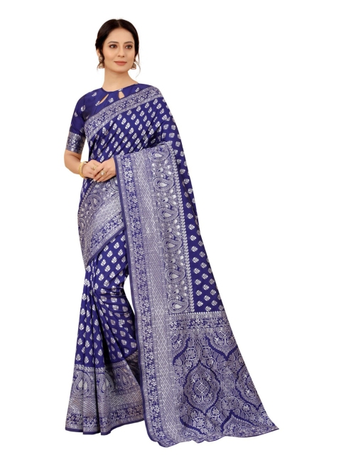 

MOKSHA DESIGNS Blue & Silver-Toned Floral Pure Silk Kanjeevaram Zari Saree