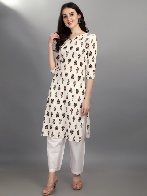 

JAPESH Women Cream-Coloured & Green Floral Printed Floral Crepe Kurta