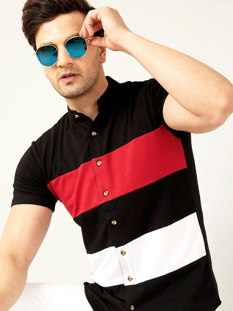 

GESPO Men Black Striped Colorblocked Casual Half Sleeve Cotton Shirt