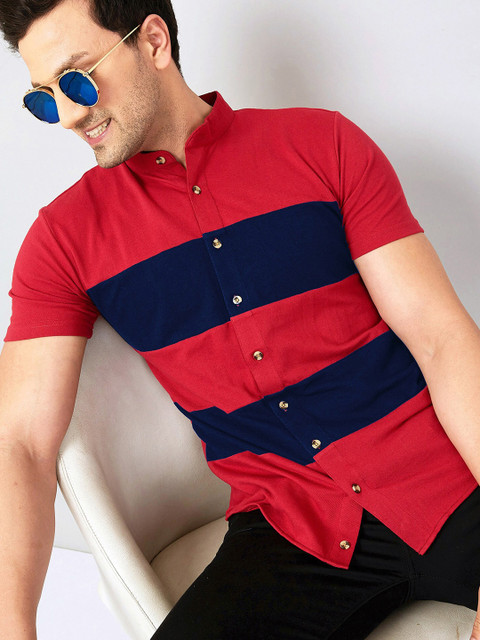 

GESPO Men Red & Navy Blue Colourblocked Casual Cotton Shirt