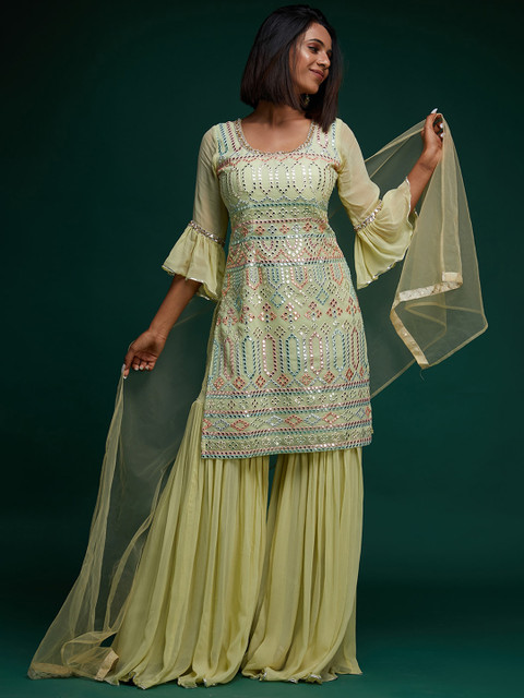 

Koskii Women Green Ethnic Motifs Embroidered Gotta Patti Kurta with Sharara & With Dupatta