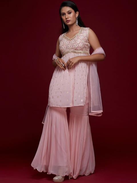 

Koskii Women Pink Ethnic Motifs Embroidered Kurta with Sharara & With Dupatta