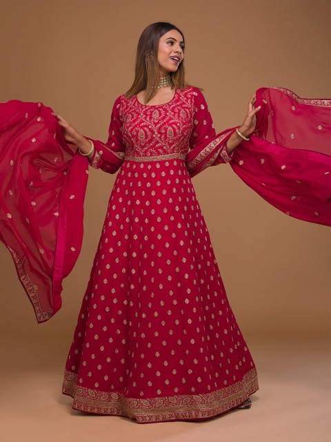 

Koskii Women Pink Zari Work Anarkali Kurta With Bottom & Dupatta
