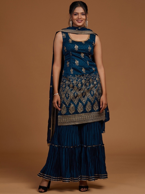 

Koskii Women Floral Embroidered Kurta with Sharara & With Dupatta, Blue