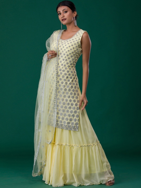 

Koskii Women Ethnic Motifs Beads and Stones Silk Georgette Kurta Set, Yellow