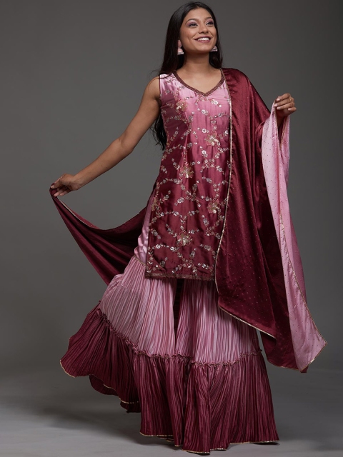 

Koskii Women Floral Embroidered Sequinned Kurta with Sharara & With Dupatta, Pink