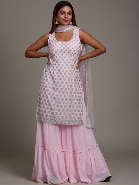 

Koskii Women Silk Georgette Kurta with Sharara & With Dupatta, Pink
