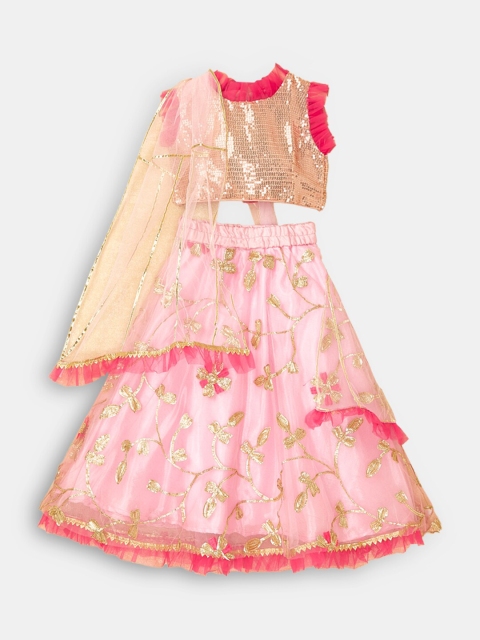 

Hopscotch Girls Pink & Gold-Toned Embellished Ready to Wear Lehenga & Blouse With Dupatta