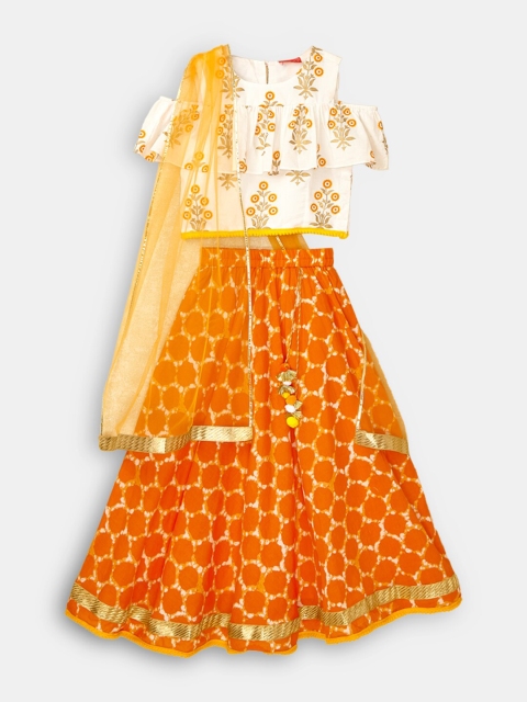 

Hopscotch Girls Orange & Cream-Coloured Printed Ready to Wear Lehenga & Blouse With Dupatta