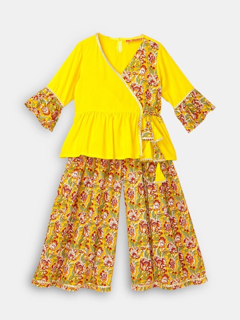 

Hopscotch Girls Yellow & Red Printed Ready to Wear Lehenga &