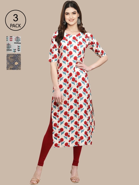 

Ethnic basket Pack of 3 Women Ethnic Motifs Printed Crepe Kurta, Beige
