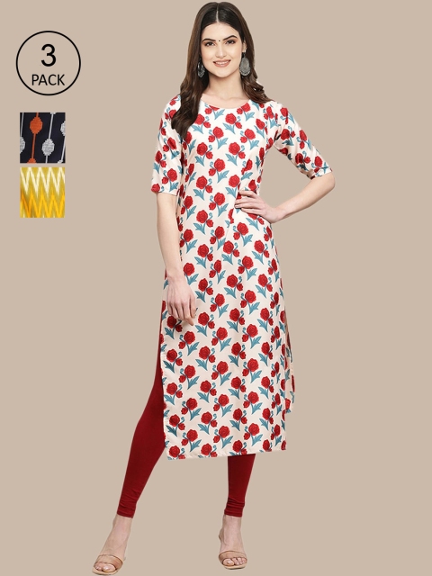 

Ethnic basket Women Pack of 3 Ethnic Motifs Printed Crepe Kurta, Red