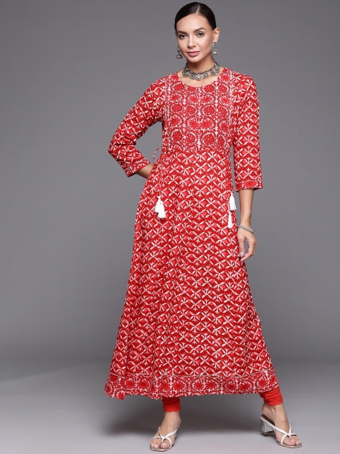 

KALINI Women Red & White Geometric Printed Anarkali Kurta