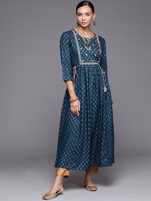

KALINI Women Blue & Gold-Toned Floral Yoke Design Thread Work Kurta