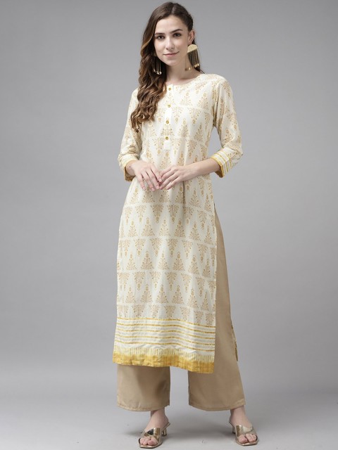 

KALINI Women Off White & Yellow Foil Printed Straight Cotton Kurta