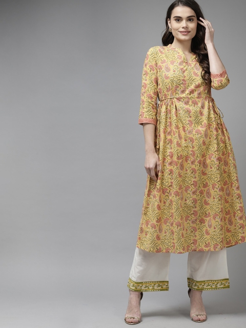 

KALINI Women Yellow Floral Printed Thread Work Kurta