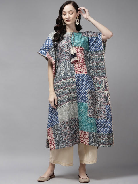 

KALINI Women Navy Blue & Grey Ethnic Motifs Printed Extended Sleeves Kaftan Kurta