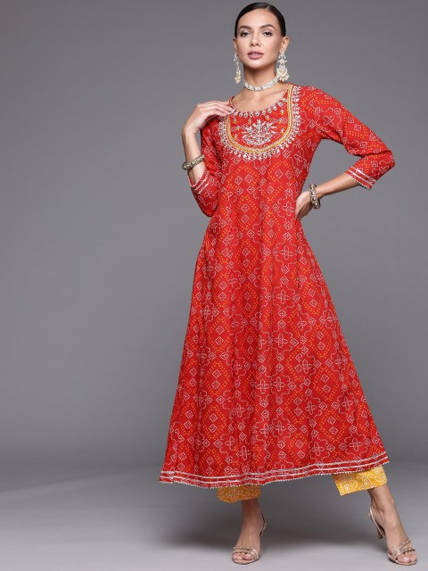 

KALINI Women Red Bandhani Printed Embroidered & Mirror Work Kurta