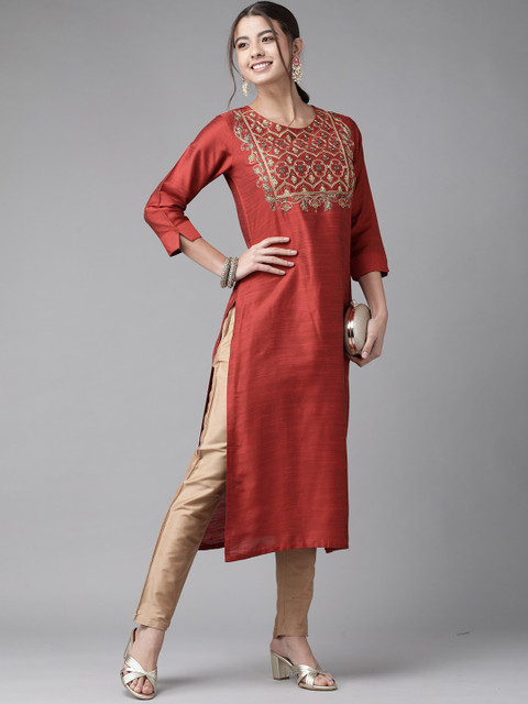 

KALINI Women Orange Ethnic Motifs Yoke Design Thread Work Chanderi Silk Kurta
