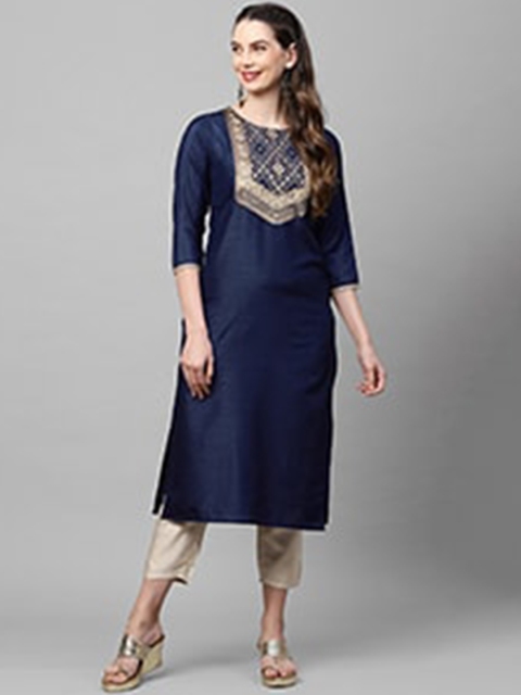 

Indo Era Women Navy Blue Geometric Yoke Design Kurta