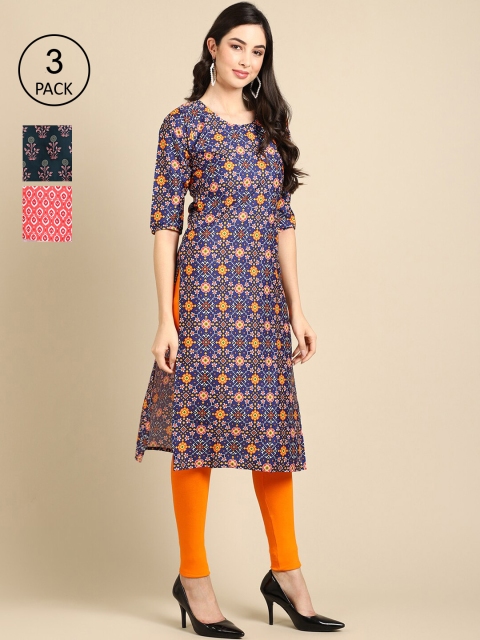 

Ethnic basket Women Multicoloured Geometric Printed Keyhole Neck Thread Work Block Print Crepe Kurta, Multi