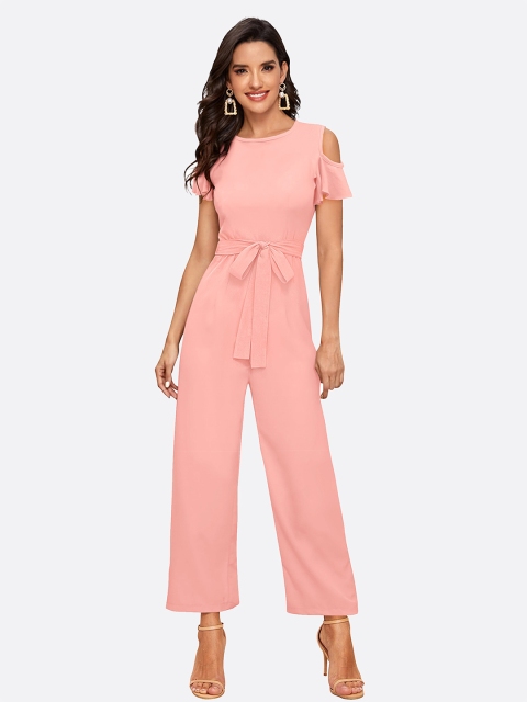 

LONDON BELLY Peach-Coloured Solid Flared Short Sleeves Basic Jumpsuit