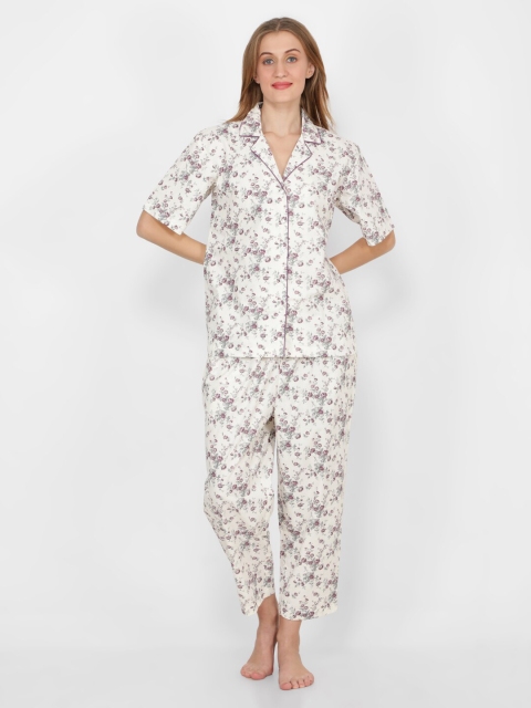 

NAVIYATA Off White & Purple Shawl Neck Printed Basic Jumpsuit with Lace Inserts