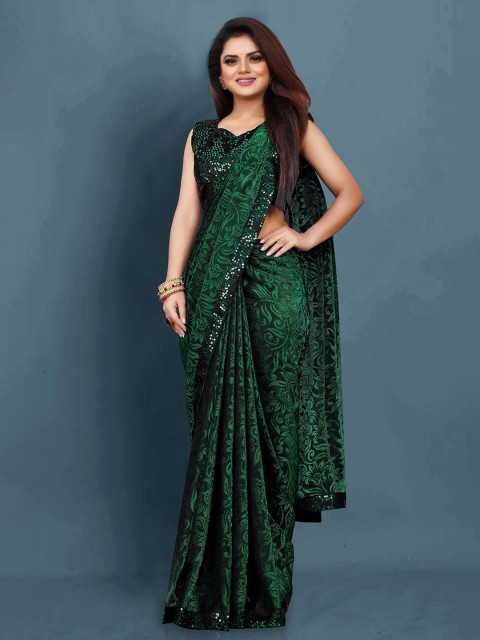 

HUTAH Green Floral Sequinned Silk Blend Banarasi Saree