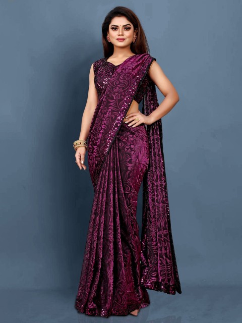 

HUTAH Purple Floral Sequinned Silk Blend Banarasi Saree