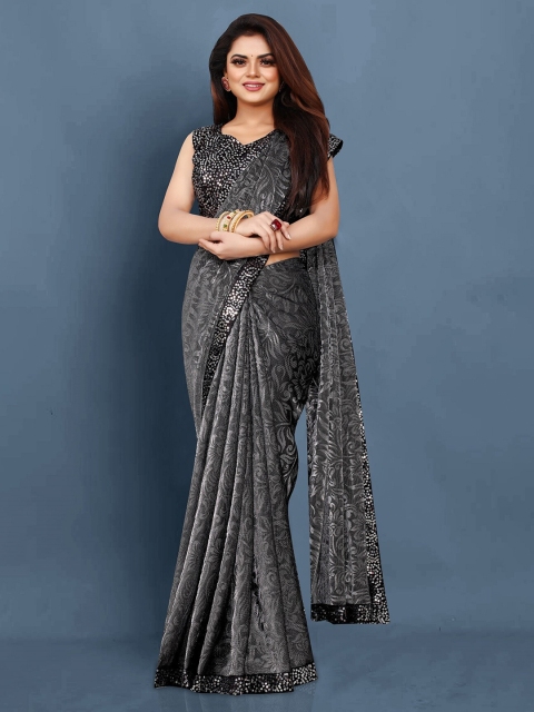

HUTAH Grey & Black Floral Sequinned Silk Blend Banarasi Saree