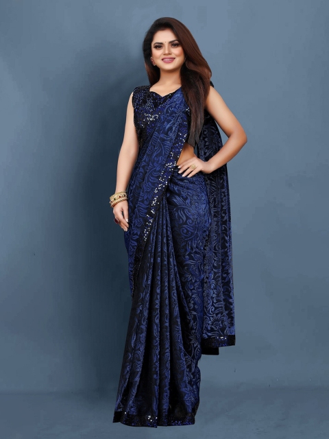 

HUTAH Navy Blue Floral Sequinned Silk Blend Banarasi Saree