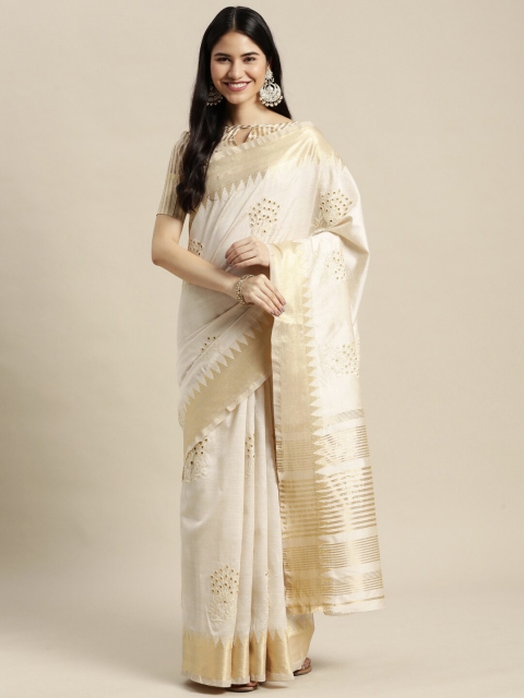 

Satrani Beige & Gold-Toned Floral Zari Kasavu Saree