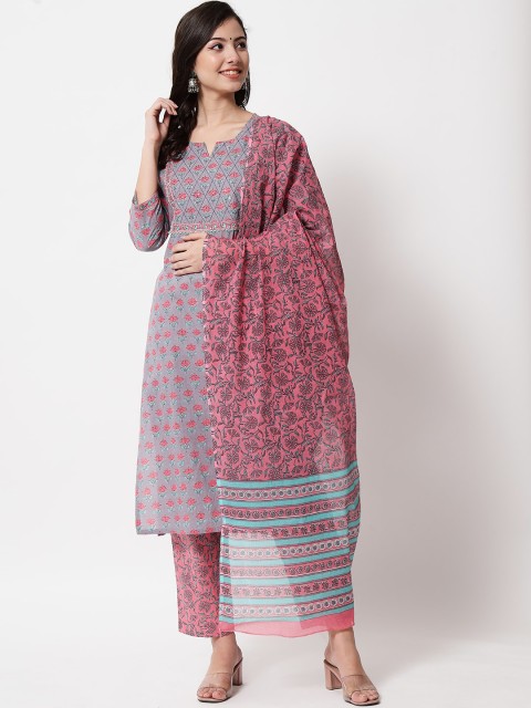

IkDaiya Women Purple Floral Yoke Design Panelled Pure Cotton Kurti with Trousers & With Dupatta