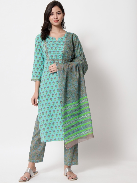 

IkDaiya Women Ethnic Motifs Printed Pure Cotton Kurta with Trouser & With Dupatta, Green