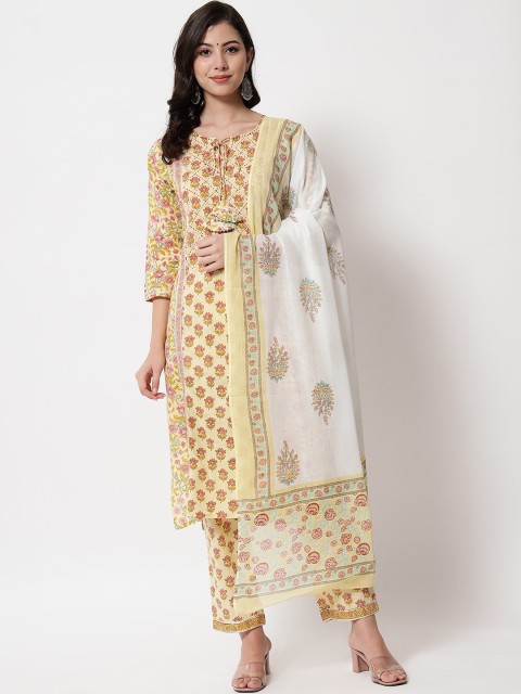 

IkDaiya Women Yellow Paisley Printed Pure Cotton Kurti with Trousers & With Dupatta