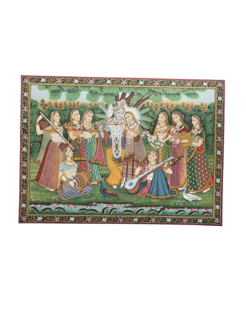 

Exotic India Green Radha-Krishna And The Milkmaids Steeped In Music Painted Wall Art