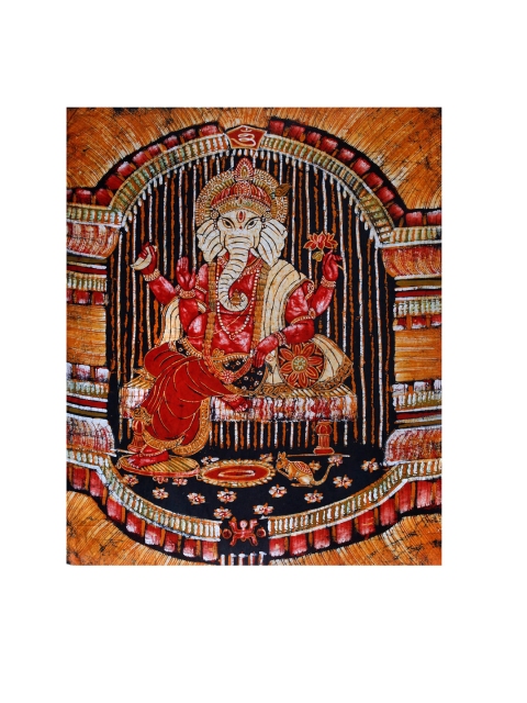 

Exotic India Red Lord Ganesha Poised on a Cushion Chowki Batik Painting Wall Art