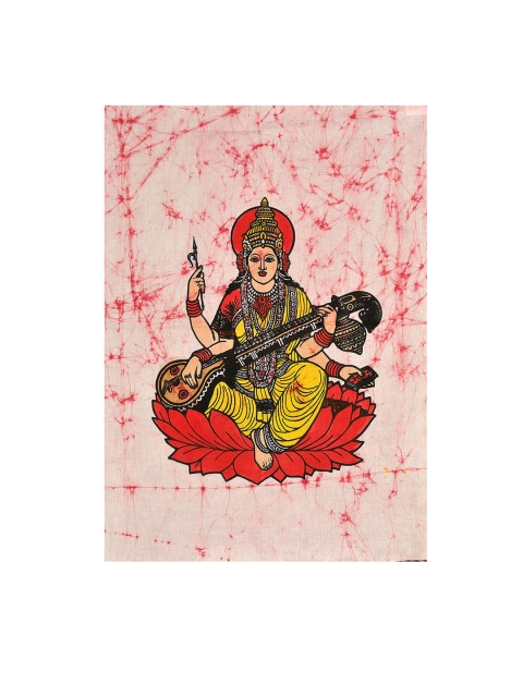 

Exotic India Red & Yellow Devi Sarasvati Batik Painting Wall Art