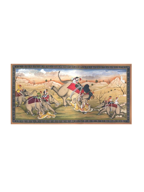 

Exotic India Beige colored Tiger Hunt Hand-Painted Wall Art